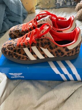 adidas Leopard Print Sneakers with White Stripes and Red Accents